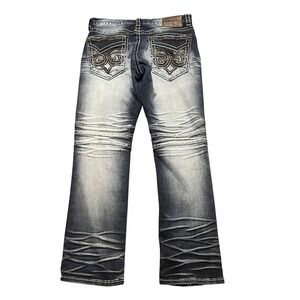 Affliction Gage Mens 36 (36x33) Blue Distressed Moto Biker Straight Denim Jeans